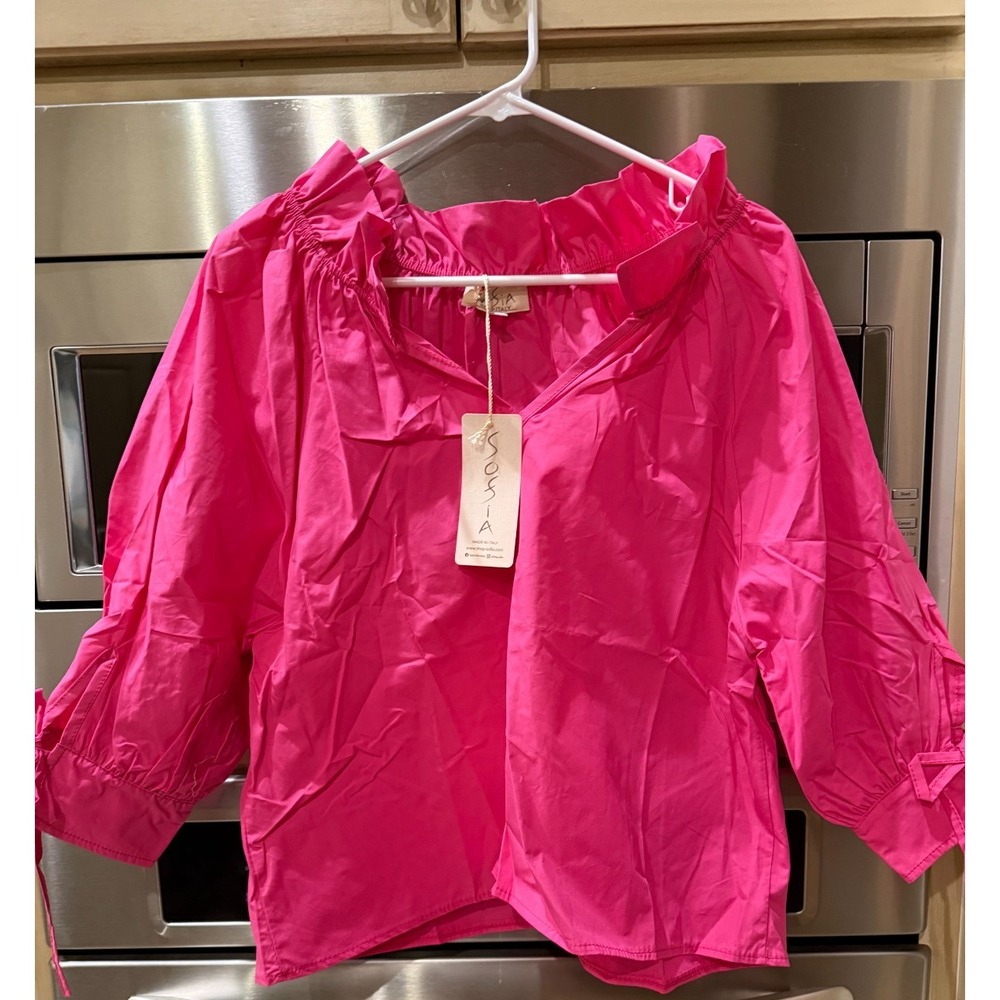 Sofia Made In Italy Eloise Ruffle V-Neck Blouse Azalea Pink Cuff Sleeves